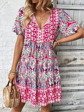 Multicolor Boho Women's Tied Leisure Vacation Dress With Doll Floral Pattern